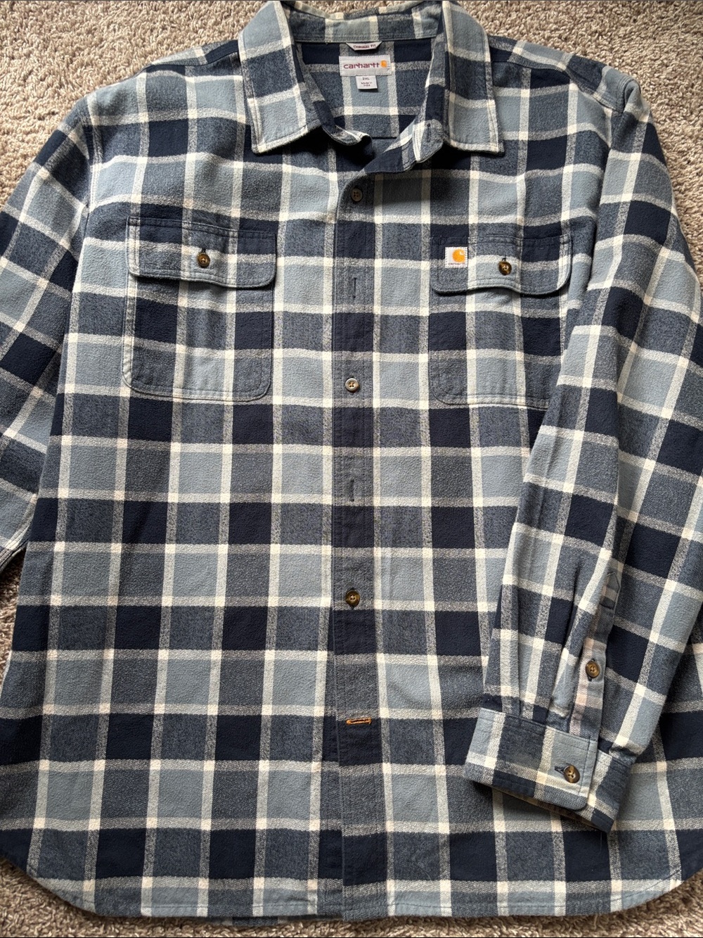 Carhartt Men's Navy and Light Gray Plaid Button-Down Work Shirt